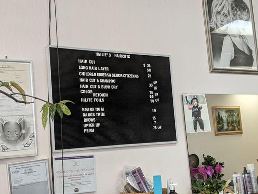 Haircut price list