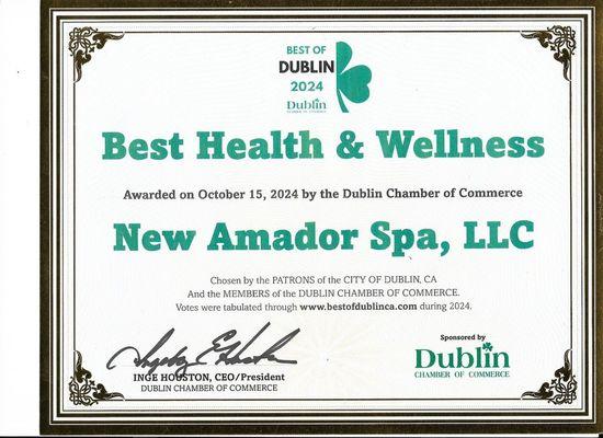 Congratulations!
Amador Spa has won the 2024 Best of Dublin Award!
Thank you all for your support!