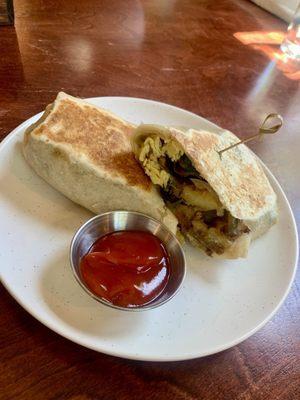 Breakfast burrito with veggies, great vegetarian option