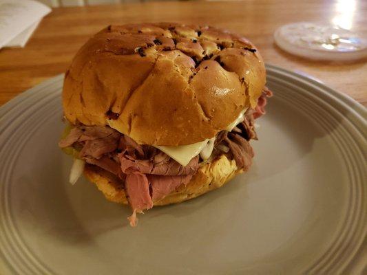 Super Beef with American cheese, horseradish sauce, pickles, and onions (our favorite combo)