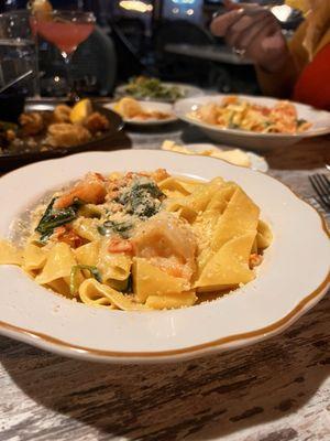 Pappaderlle pasta with spinach and lobster.  Amazing!!