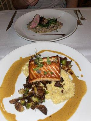 Salmon with grits and Brussels sprouts