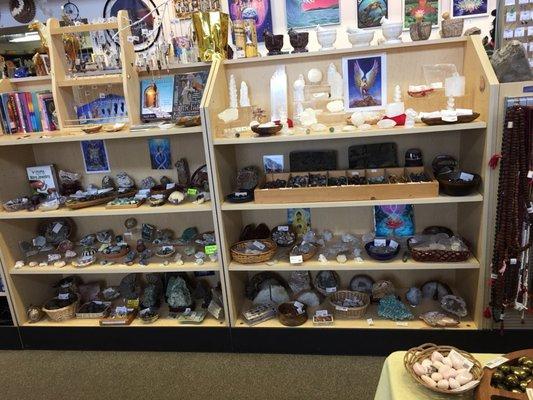 Display cases filled with crystals and stones