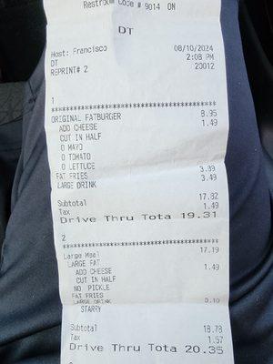 Overcharged receipt