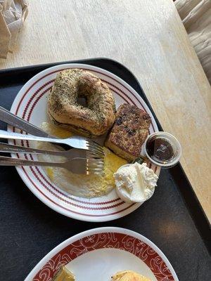 2 Eggs Special with Oatmeal Pancake and herbs bagel