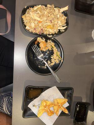 Crab Rangoon, chicken hibachi and shrimp pineapple bowl