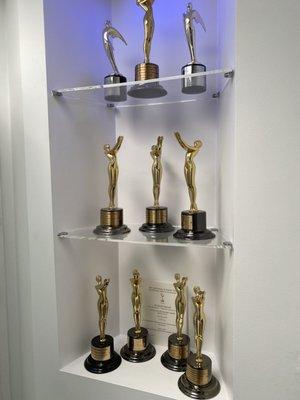 Acrylic shelves for trophies.