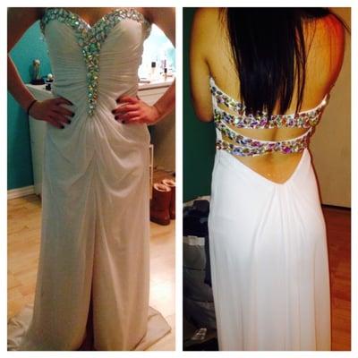 This prom dress from Terry Costa's was too wide and too long. The back had to be taken in, and the length was hemmed.