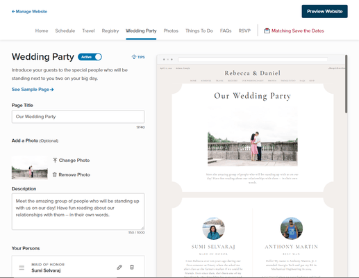 Wedding website wedding party design interface.