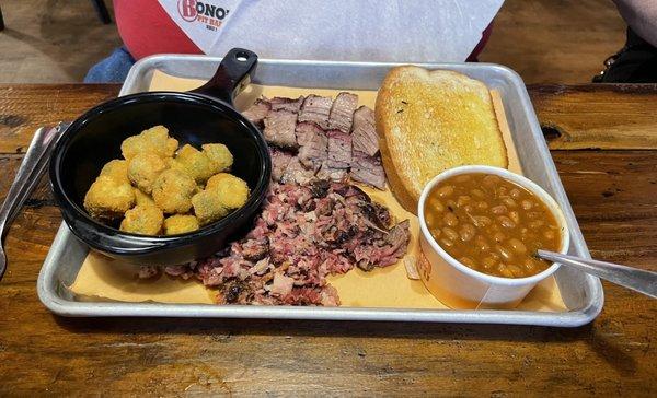 2-Meat Combo Platter, brisket & pulled pork, baked beans and Southern Fried Okra