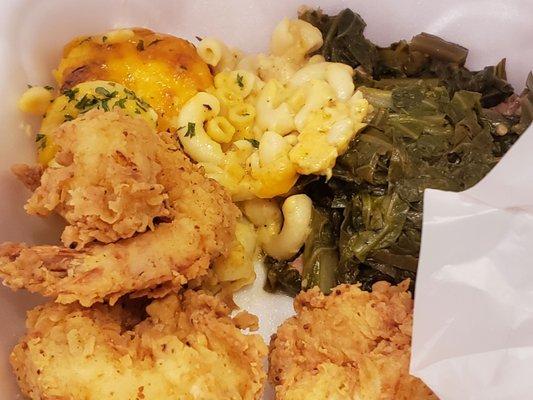 Fried shrimp, greens and mac and cheese