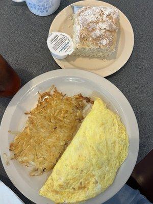 Ham & cheese omelette, hash browns and biscuit