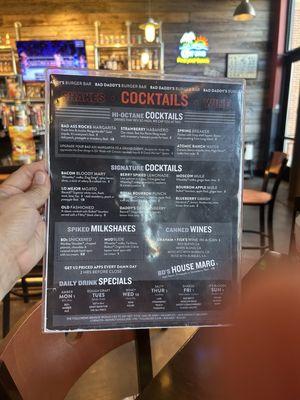 Drink menu at Bad Daddy's