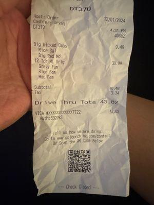 this was the receipt all of our food and we didn't even get all of it!