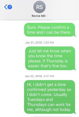 Three texts asking for a confirmed time.