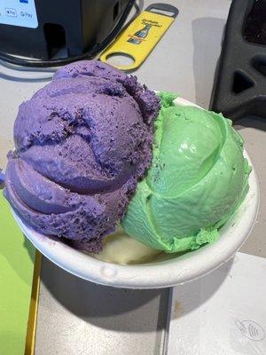 Ube, pandan, bottom is sweet cream