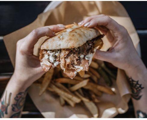 Roast beef, caramelized onion and blue cheese ciabatta sandwich.