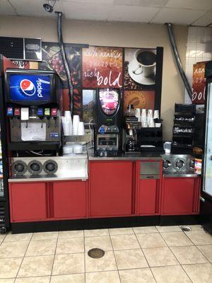 Beverage/coffee center.  Ice machine broken, sign says