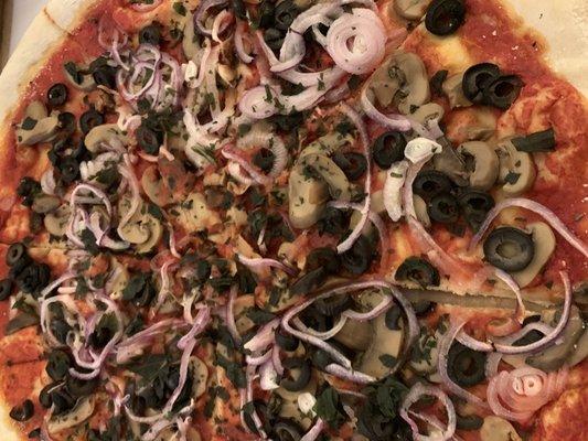 Vegetable pizza with no cheese  -canned mushrooms, which is a no!!!