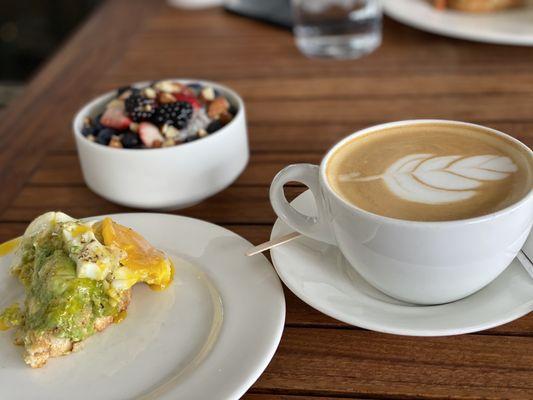 Lavender latte, part of avocado toast and Chia seeds pudding