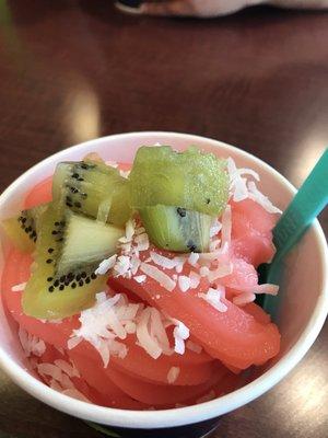 Watermelon sorbet with coconut and kiwi.