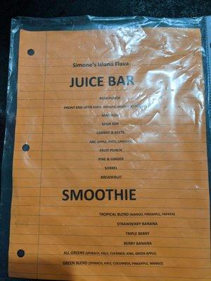 Drink menu. Both juices and smoothies are $4.16!!