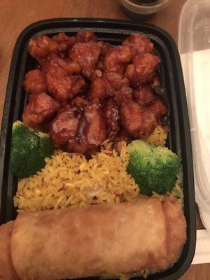 General Tso's with pork fried rice and egg roll