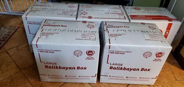 Five Balikbayan Boxes to Roxas Palawan and Five More to San Lorenzo Guimaras at $95 Each. Along with Ten More at My Parents House Mabuhay