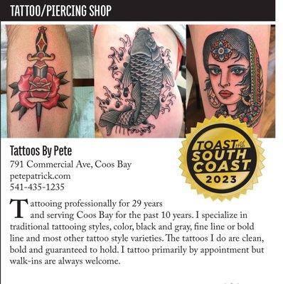 Thank you for voting for me as Best Tattoo Studio on Oregon's South Coast for the Toast of The South Coast contest.