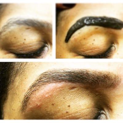 before and after of eyebrow threading and eyebrow tinting.