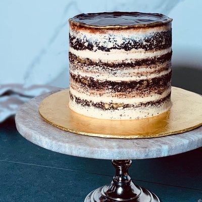 Chocolate Peanut Butter Cake w/ chocolate ganache and hand painted gold rim