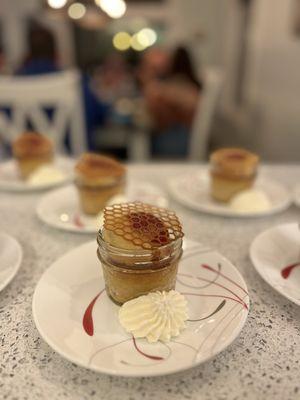 White chocolate & Hazelnut Molten Lava Cake with Honeycomb Tuille and Vanilla Creme Chantilly