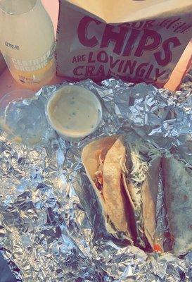 Lemonade, chips & queso, & 3 chicken tacos