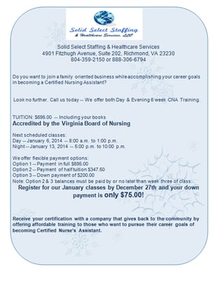 Reserve your spot for only $75.00 when you register for our January CNA classes by December 27th.