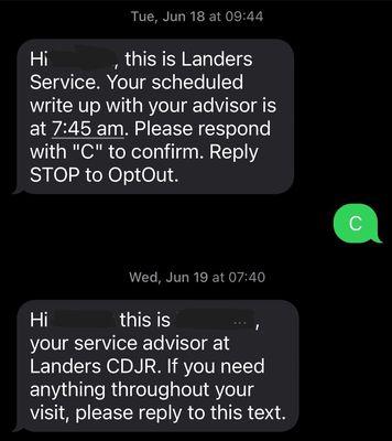 Text message from business about appointment reminder and appointment confirmation.