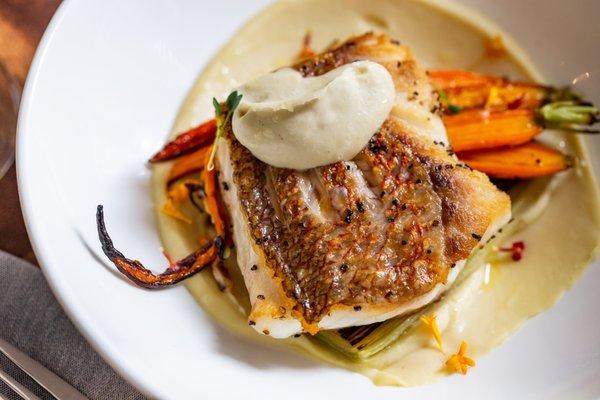 Pan Seared Snapper, parsnip purée, braised leeks, vadouvan roasted baby carrots