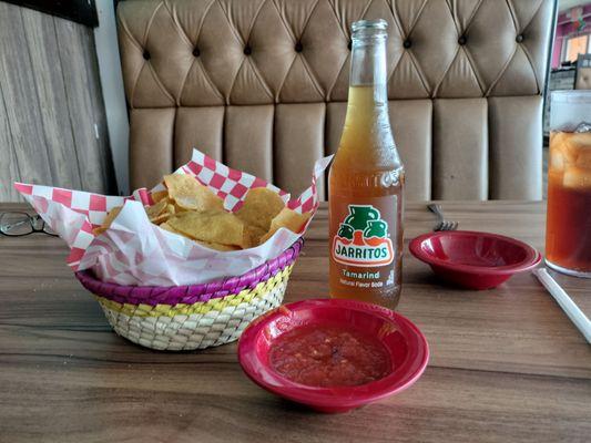 Free chips and salsa; tamarind soda, raspberry iced tea.