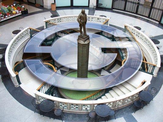 Our logo overlayed onto fountain in the Plankinton rotunda.