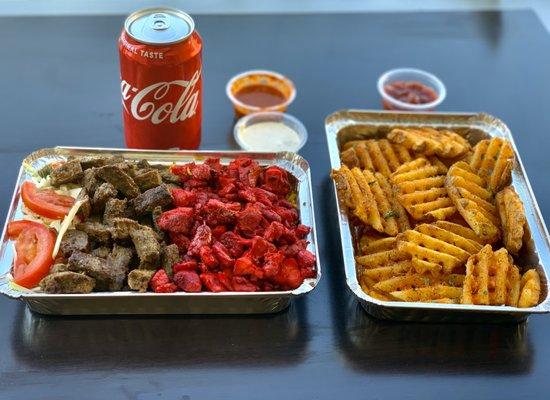 Save money by ordering a meal! The Platter meal includes waffle fries and a beverage for only $12.50.