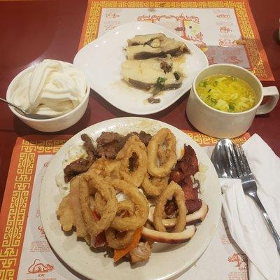 ice cream, flounder, egg drop soup, fried calamari, squid, steak