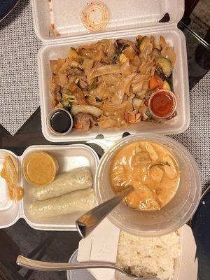 Fresh Spring rolls with an amazing and different peanut sauce Penang Curry Chicken Pad Kee Moew Beef