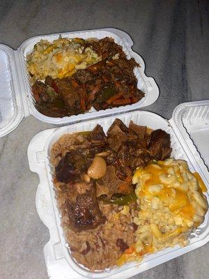 Vegan Jerk Chicken, Rice and Peas, Mac and Cheese  Stewed Oxtail, Rice and Peas, Mac and Cheese