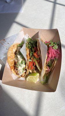 3 Taco Combo: Chicken Chipotle Taco - Mexican Bistec Taco - Pork Taco (from left to right)