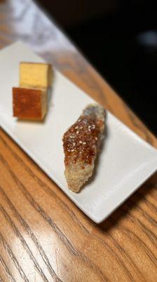 Fried eel with sweet glaze and tamago made with mountain yam.