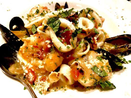 Pasta with calimari, shrimp, scallops, and mussels.