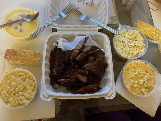 BBQ Ribs Corn Bread Mac n cheese Potato salad