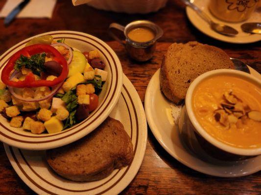 Half salad and cup of butternut squash soup-amazing