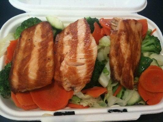 Salmon teriyaki plate with veggies instead of rice and no sauce