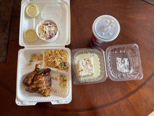 1/4 Poyoteca Quarter Chicken (dark), Arroz Chaufa (Peruvian Fried Rice), Coleslaw, Tres Leches, drink - Groupon Meal