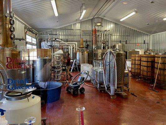 Looking through the window at the distilling area